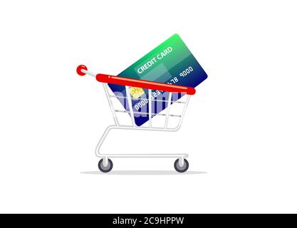 Shopping cart with credit card inside isolated on white background. Stock Vector