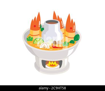 Tom Yum Kung in hot pot isolated on white background. Stock Vector