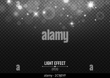 Abstract falling lights bokeh isolated on a dark transparent background. Shining white stars and glare. White glitter. Vector illustration. EPS 10 Stock Vector