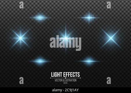 Set of blue light effects isolated on a dark transparent background. Shining stars and glowing dust. Glittering elements. Vector illustration. EPS 10 Stock Vector