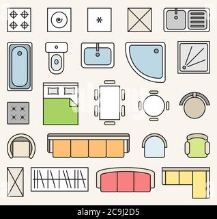 Vector set of colorful isolated interior design floor plan objects icons Stock Vector