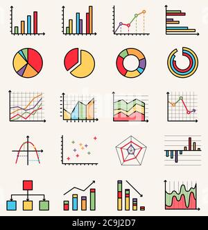 Vector flat style colorful isolated icons of graphs, schemes, schedules Stock Vector