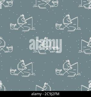 Seamless winter rockhopper penguin fishing background pattern. Simple gender neutral nursery festive scrapbook digital paper. Kids whimsical snow Stock Vector