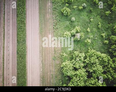 Aerial perspective of rural crop field situated next to the forest edge in green, beautiful landscape of Oresje lake near city of Zagreb, Croatia Stock Photo