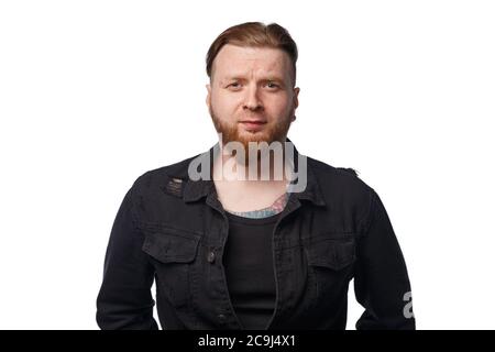 Photo of bearded man in black jeans jacket Stock Photo