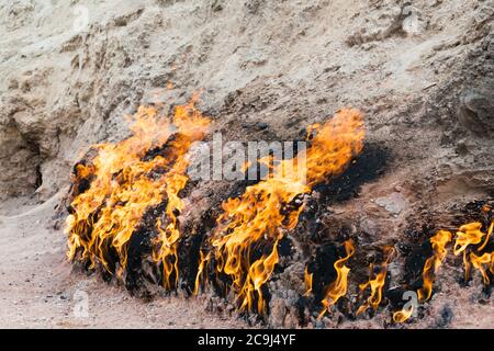 Baku, Azerbaijan - Yanar Dag in Baku, Azerbaijan. Yanar Dag is a natural gas fire which blazes continuously on a hillside. Stock Photo