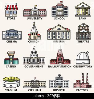 Government buildings icons set. Vector isolated colorful flat style illustrations Stock Vector