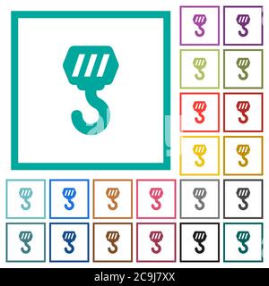 Construction hook flat color icons with quadrant frames on white background Stock Vector