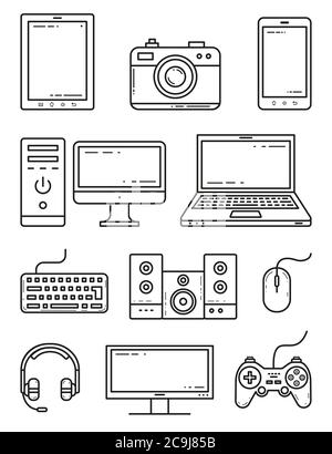 Devices and gadgets outline isolated icons vector set Stock Vector