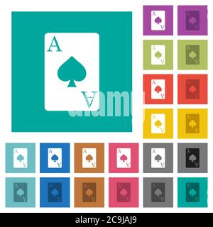 Ace of spades card multi colored flat icons on plain square backgrounds. Included white and darker icon variations for hover or active effects. Stock Vector