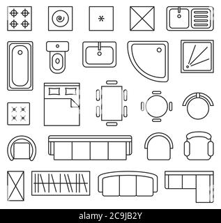 Vector set of outline isolated interior design floor plan objects icons Stock Vector