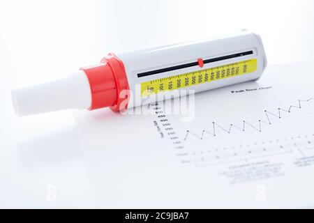 Peak flow meter and chard against a white background. Stock Photo