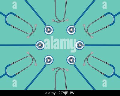 Stethoscopes in a circle against a green background. Stock Photo