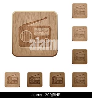 Vintage retro radio on rounded square carved wooden button styles Stock Vector