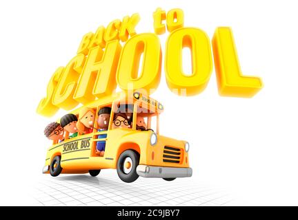 Smiling little girls and boys in yellow bus. 3D illustration on white background. Stock Photo