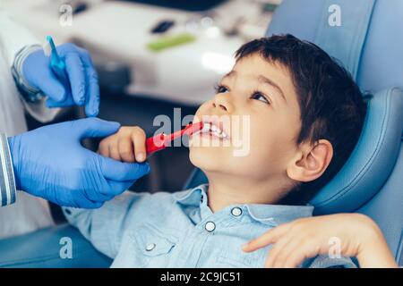 Dentist teaching a young boy about dental hygiene. Stock Photo
