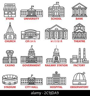 Government buildings icons set. Vector isolated outline illustrations Stock Vector