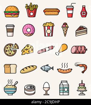 Vector food icons. Isolated colorful flat style illustrations set Stock Vector