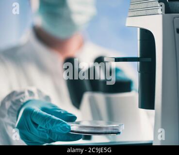 Microbiologist using light microscope. Stock Photo