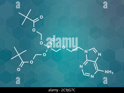 Adefovir dipivoxil hepatitis B and herpes simplex virus (HSV) drug molecule. White skeletal formula on dark teal gradient background with hexagonal pa Stock Photo