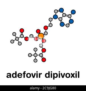 Adefovir dipivoxil hepatitis B and herpes simplex virus (HSV) drug molecule. Stylized skeletal formula (chemical structure). Atoms are shown as color- Stock Photo