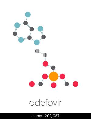 Adefovir hepatitis B and herpes simplex virus (HSV) drug molecule. Stylized skeletal formula (chemical structure). Atoms are shown as color-coded circ Stock Photo