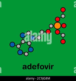 Adefovir hepatitis B and herpes simplex virus (HSV) drug molecule. Stylized skeletal formula (chemical structure). Atoms are shown as color-coded circ Stock Photo