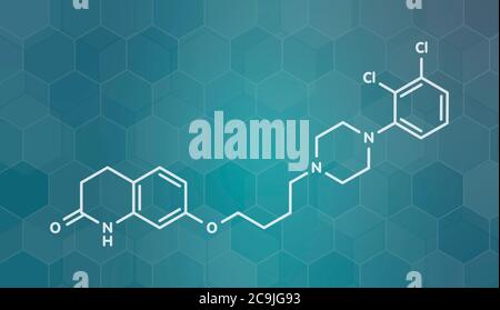 Aripiprazole lauroxil antipsychotic drug molecule (injectable extended release form).. White skeletal formula on dark teal gradient background with he Stock Photo