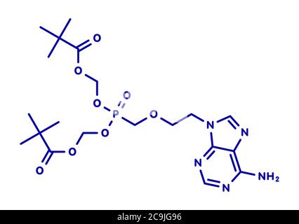 Adefovir dipivoxil hepatitis B and herpes simplex virus (HSV) drug molecule. Blue skeletal formula on white background. Stock Photo