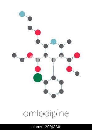 Amlodipine hypertension (high blood pressure) drug molecule. Stylized skeletal formula (chemical structure). Atoms are shown as color-coded circles co Stock Photo