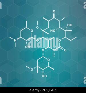 Clarithromycin antibiotic drug (macrolide class) molecule. White skeletal formula on dark teal gradient background with hexagonal pattern. Stock Photo