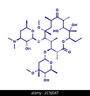 Clarithromycin antibiotic drug (macrolide class) molecule. Blue skeletal formula on white background. Stock Photo