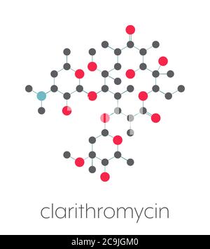 Clarithromycin antibiotic drug (macrolide class) molecule. Stylized skeletal formula (chemical structure). Atoms are shown as color-coded circles conn Stock Photo