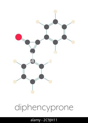 Diphencyprone (diphenylcyclopropenone) alopecia treatment drug molecule. Stylized skeletal formula (chemical structure). Atoms are shown as color-code Stock Photo