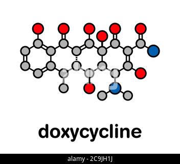 Doxycycline antibiotic drug (tetracycline class) molecule. Stylized skeletal formula (chemical structure). Atoms are shown as color-coded circles with Stock Photo