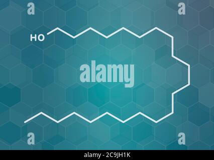 Docosanol (behenyl alcohol) antiviral drug molecule. Used in treatment of cold sores (herpes simplex virus). White skeletal formula on dark teal gradi Stock Photo