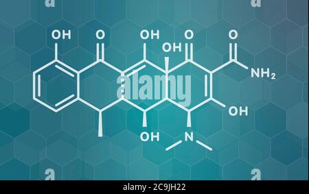 Doxycycline antibiotic drug (tetracycline class) molecule. White skeletal formula on dark teal gradient background with hexagonal pattern. Stock Photo