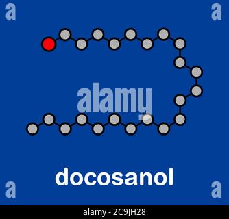 Docosanol (behenyl alcohol) antiviral drug molecule. Used in treatment of cold sores (herpes simplex virus). Stylized skeletal formula (chemical struc Stock Photo