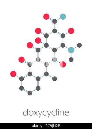 Doxycycline antibiotic drug (tetracycline class) molecule. Stylized skeletal formula (chemical structure). Atoms are shown as color-coded circles conn Stock Photo