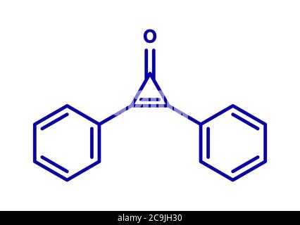 Diphencyprone (diphenylcyclopropenone) alopecia treatment drug molecule. Blue skeletal formula on white background. Stock Photo