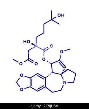 Omacetaxine mepesuccinate cancer drug molecule. Used in treatment of chronic myelogenous leukemia (CML). Blue skeletal formula on white background. Stock Photo