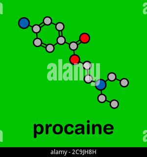 Procaine topical anesthetic drug molecule. Stylized skeletal formula (chemical structure). Atoms are shown as color-coded circles with thick black out Stock Photo