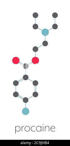 Procaine topical anesthetic drug molecule. Stylized skeletal formula (chemical structure). Atoms are shown as color-coded circles connected by thin bo Stock Photo