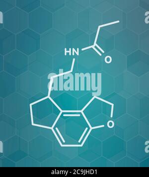 Ramelteon insomnia drug molecule. White skeletal formula on dark teal gradient background with hexagonal pattern. Stock Photo