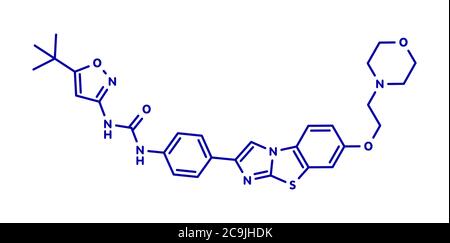 Quizartinib cancer drug molecule (kinase inhibitor). Blue skeletal formula on white background. Stock Photo