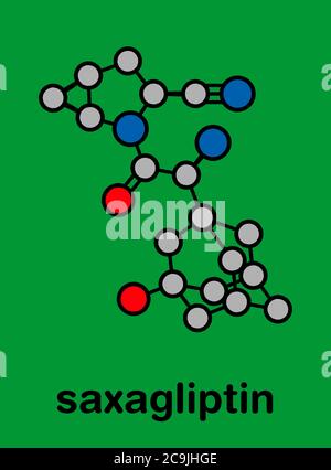 Saxagliptin diabetes drug molecule. Inhibitor of dipeptidyl peptidase-4 (DPP4). Stylized skeletal formula (chemical structure). Atoms are shown as col Stock Photo
