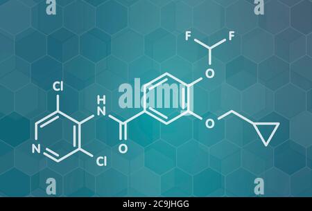 Roflumilast COPD drug molecule (PDE4 inhibitor). White skeletal formula on dark teal gradient background with hexagonal pattern. Stock Photo