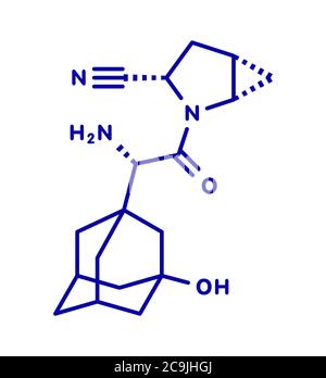 Saxagliptin diabetes drug molecule. Inhibitor of dipeptidyl peptidase-4 (DPP4). Blue skeletal formula on white background. Stock Photo