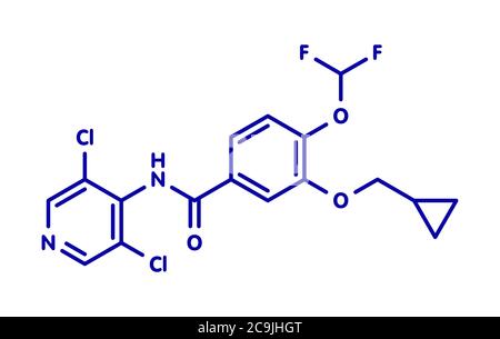 Roflumilast COPD drug molecule (PDE4 inhibitor). Blue skeletal formula on white background. Stock Photo