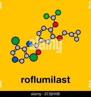 Roflumilast COPD drug molecule (PDE4 inhibitor). Stylized skeletal formula (chemical structure). Atoms are shown as color-coded circles with thick bla Stock Photo